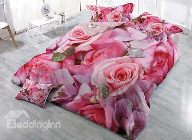 Pink Blooming Roses Printing Satin Drill 4 Pieces Duvet Cover Sets