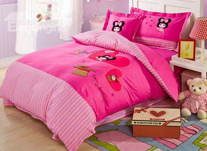 Pink Stripes Pattern Girl With Bowknot Print Kids Duvet Cover Set