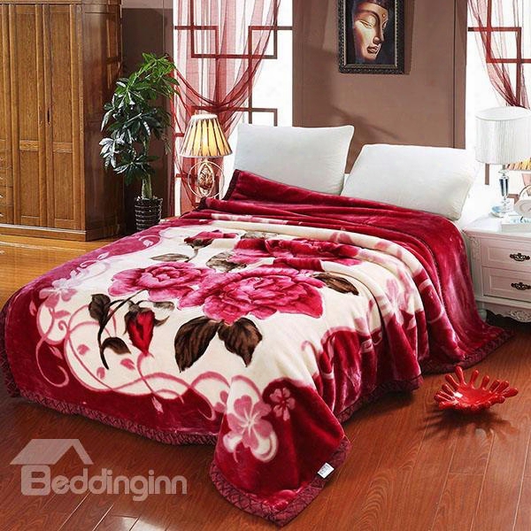 Red Floral Design Classy Well-made Raschel Bedding Blanket