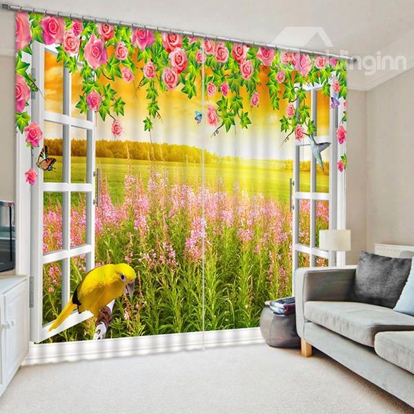 Red Rose With Broad Field Of Lavenders And Lovely Bird Printed 3d Blackout Curtain