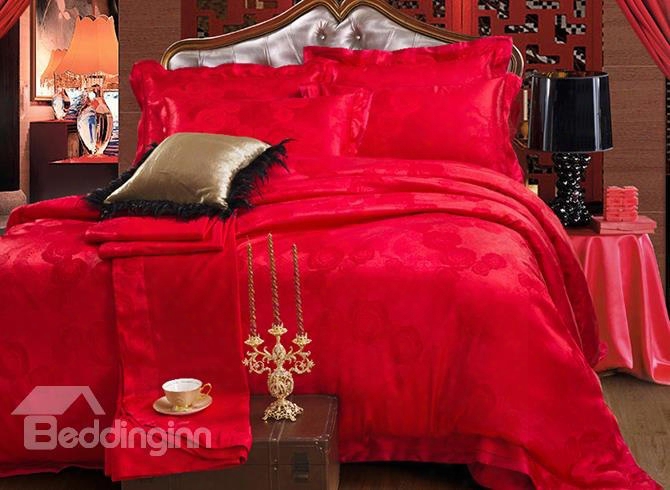 Romantic Bright  Red Roses Jacquard 4-piece Bamboo Fabric Bedding Set