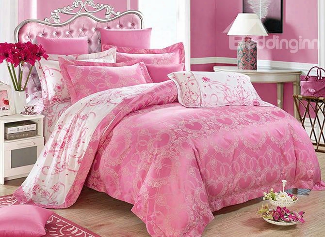 Romantic Heart-shaped Pink Jacquard 4-piece Bamboo Fabric Beddig Set