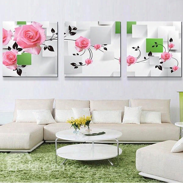 Romantic Pink Roses 3-panel Canvas Wall Art Prints