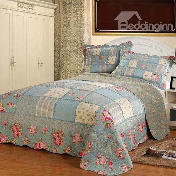 Romantic Red Flowers Blue 3-piece Cotton Bed In A Bag