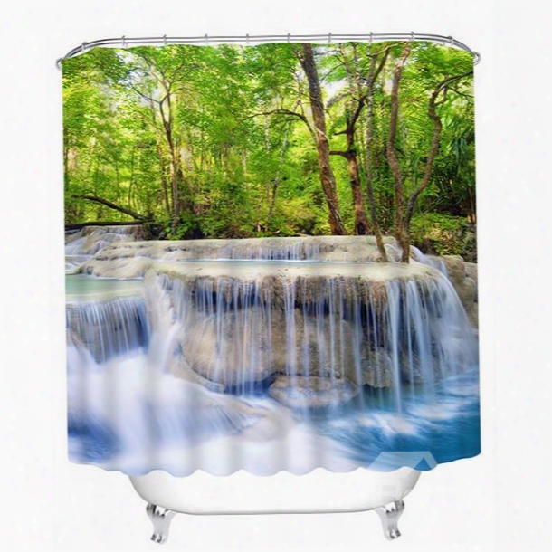 Rushing Waters And Green Trees Print 3d Bathroom Shower Curtain