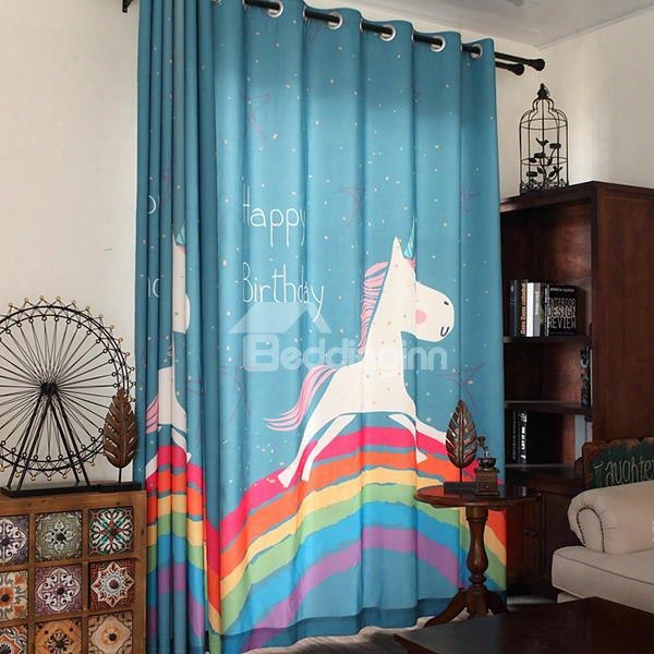 Sky Blue Cute Unicorn And Rainbow Print Kids Curtain