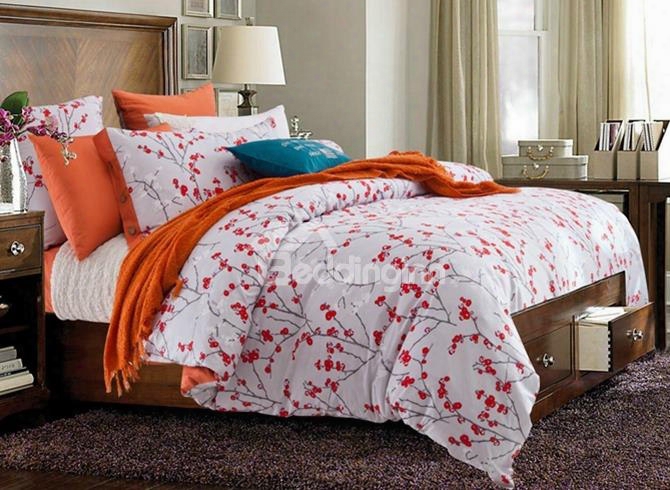 Small Red Flowers Design Cotton 4 Pieces Duvet Cover Sets