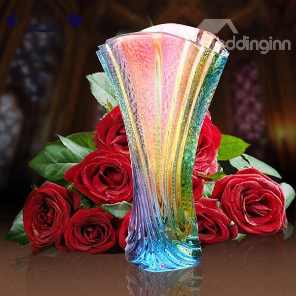 Stunning Rainbow Colored Pleated Blow  Design Glass Tall Flower Vase