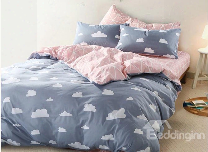 Super Cute Clouds Print Grey Cotton 4-piece Beddding Sets/duvet Cover
