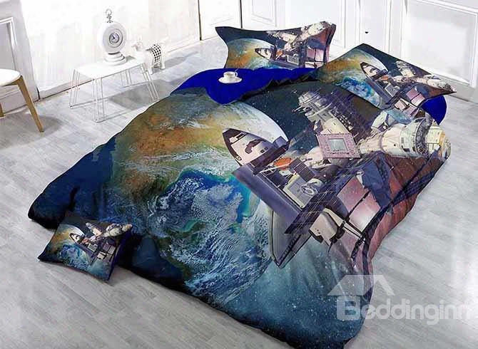 Superb Space Station And Planet Print Satin Drill 4-piece Duvet Cover Sets