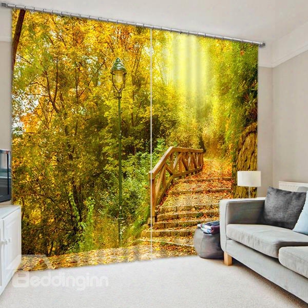 The Bridge Covered With Fallen Leaves Print 3d Custom Living Room Curtain