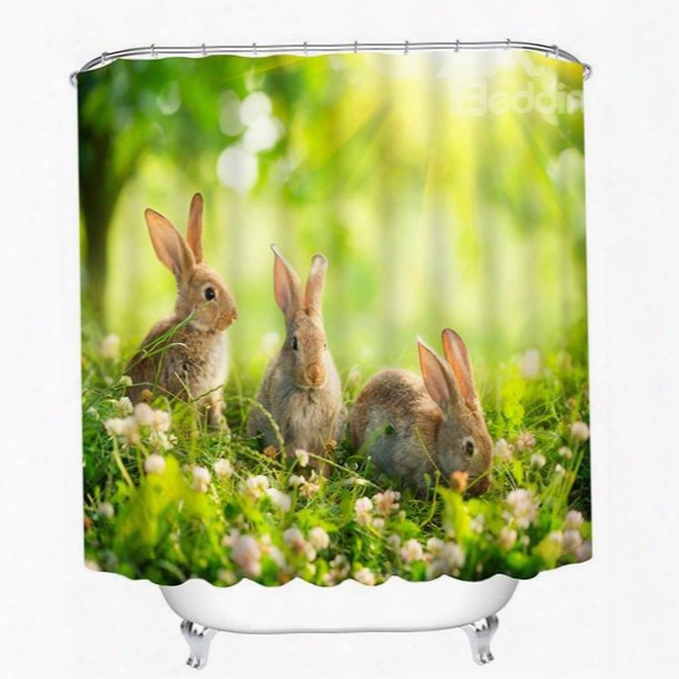 Three Cute Rabbits Playing On The Grassland Print 3d Bathroom Shower Curtain