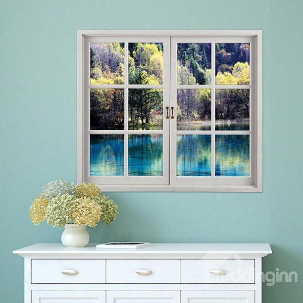 Trees Surrounding Blue Lake Window-shaped 3d Waterproof Wall Sticker