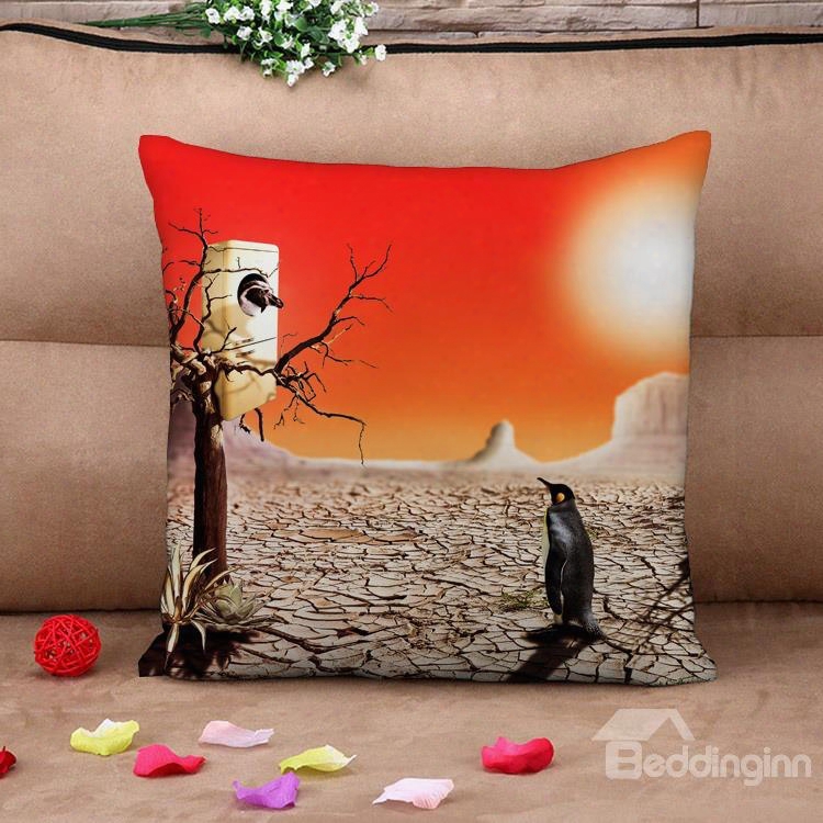 Tropical Desert With Penguins And Deadwood Cotton Throw Pillow Case