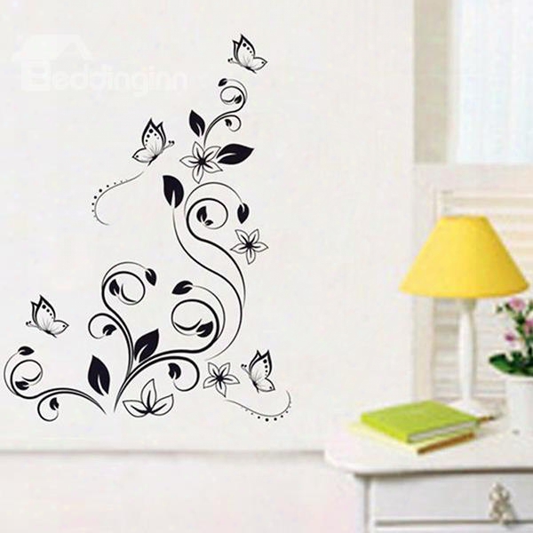 Unique Abstract Black Flower Vines And Butterfly Removable Wall Sticker