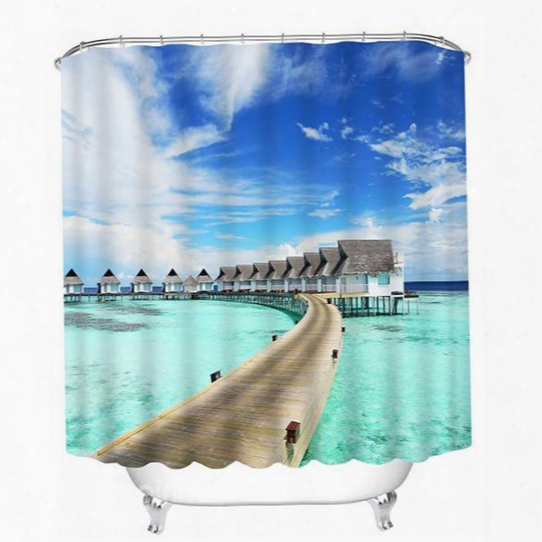 Village By The Sea In Sunny Day Print 3d Bathroom Shower Curtain