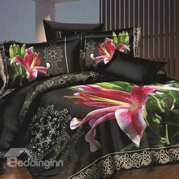 Vivid Lovely Pink Lily Print 4-piece Polyester 3d Bed Skirt