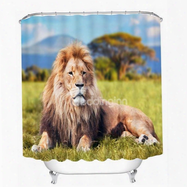 Vivid Majestic Lion Lying On The Grassland Print 3d Bathroom Shower Curtain