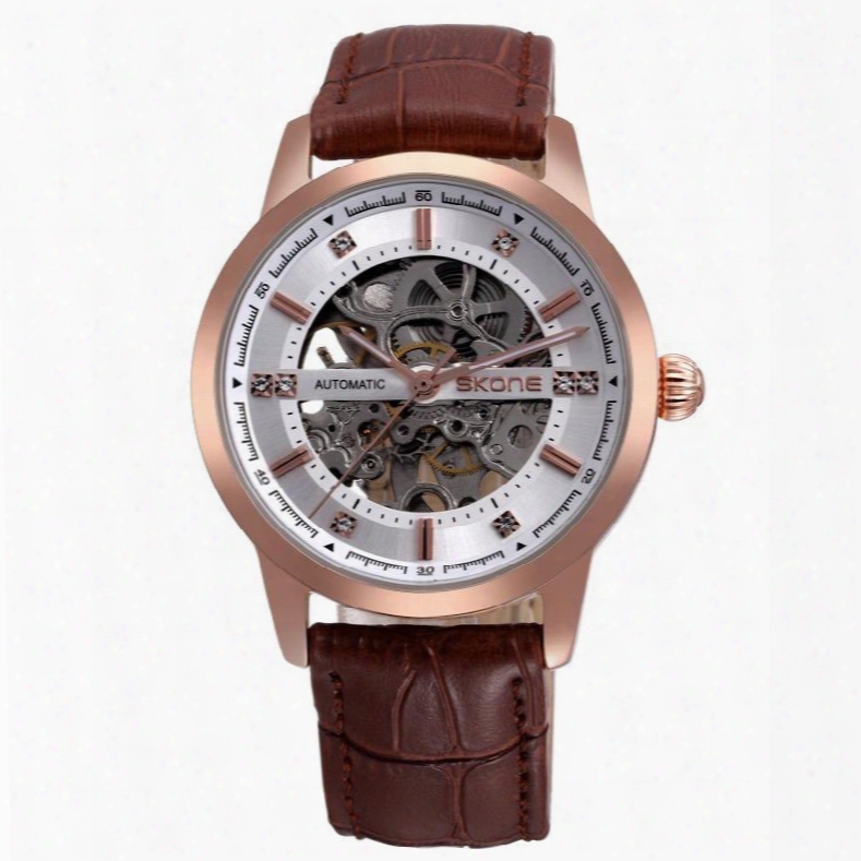 Waterproof Luminous Leather Automatic Skeleton Casual For Men Mechanical Wrist Watch
