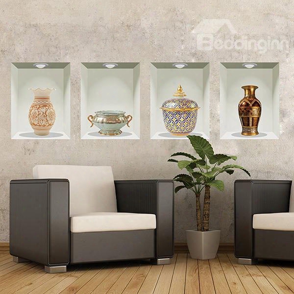 Wonderful Antique Vases Pattern 4-piece Removable 3d Wall Stickers