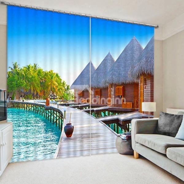 Wooden Houses Beside The Water Print 3d Blackout Curtain