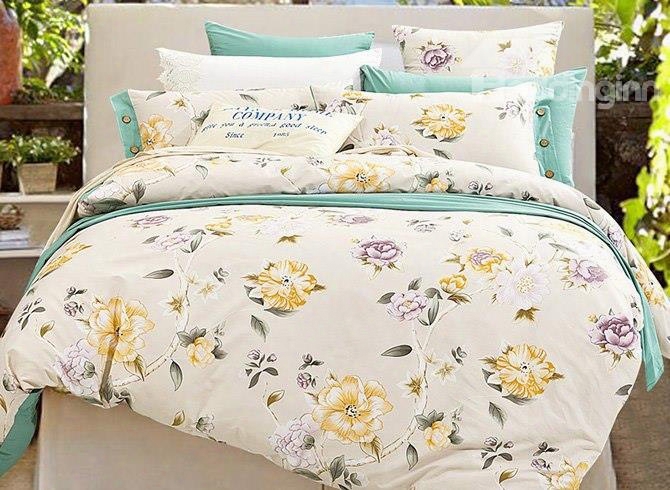 Yellow And Purple Floral Printing Cotton 4-piece Duvet Cover Sets