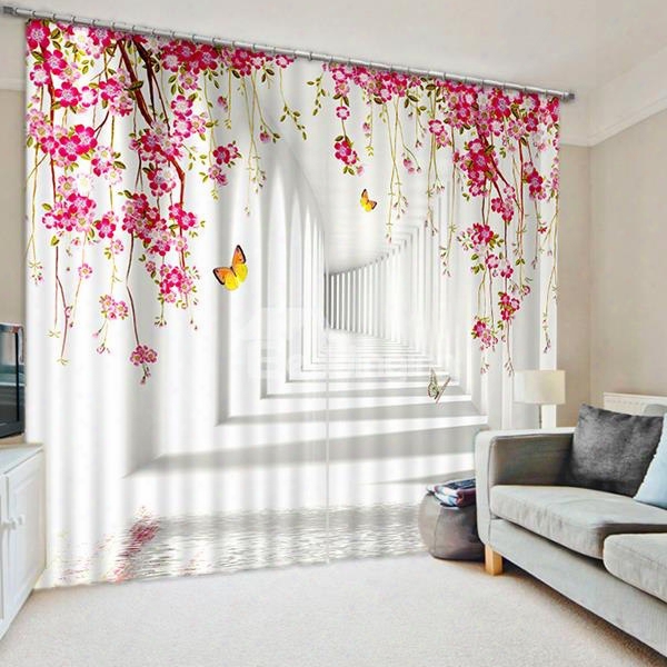 Yellow Butterfly And Pink Flowers In The Hallway Printed 3d Blackout And Decorative Curtain