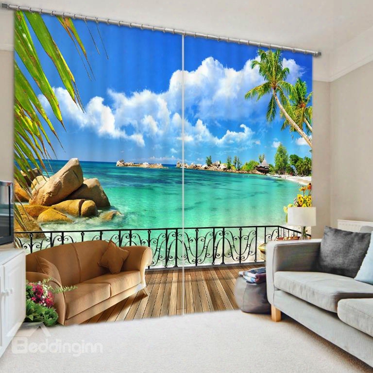 3d Blue Water And Palm Trees With Wonderful Beach Printed Custom Curtain For Living Room
