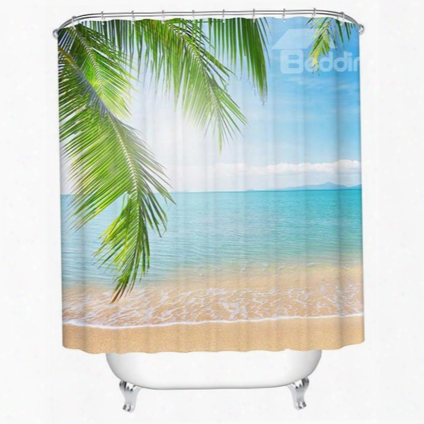 3d Coconut Leaves And Beach Scenery Printed Polyester Light Blue Shower Curtain