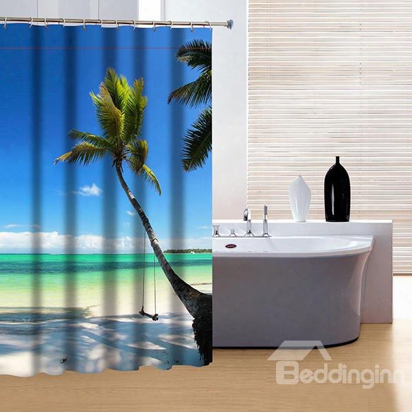 3d Coconut Tree And Beach Scenery Printed Polyester Blue Shower Curtain