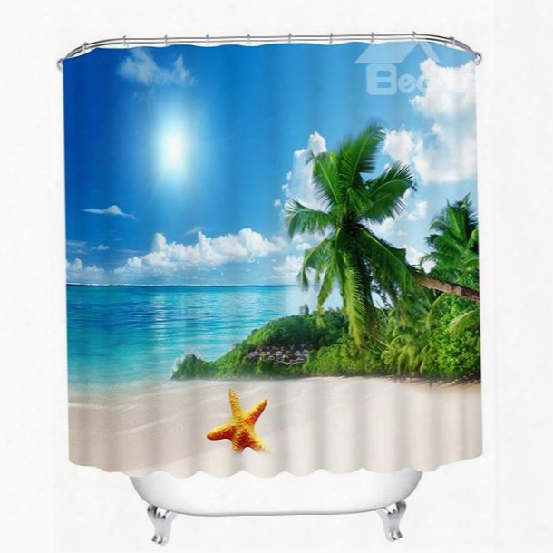 3d Coconut Tree And Beach Under The Sunshine Printed Polyester Shower Curtain