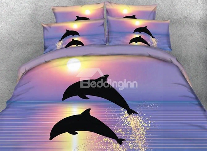3d Dreamy Dolphin Printed Purple 5-piece Comforter Sets