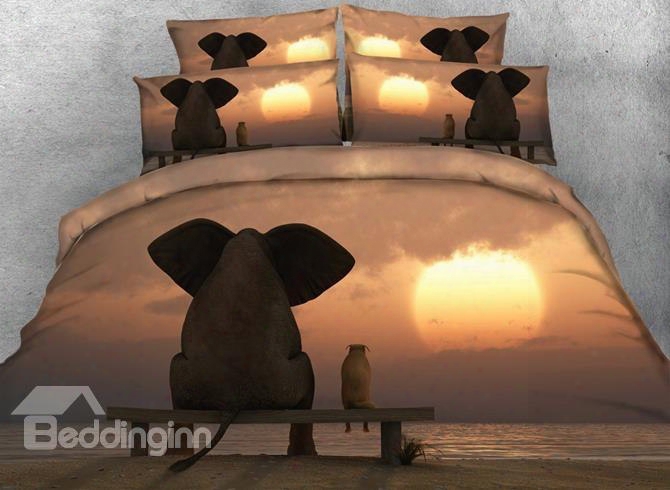 3d Elephant And Sunset Digital Printing Cototn 4-piece Bedding Sets