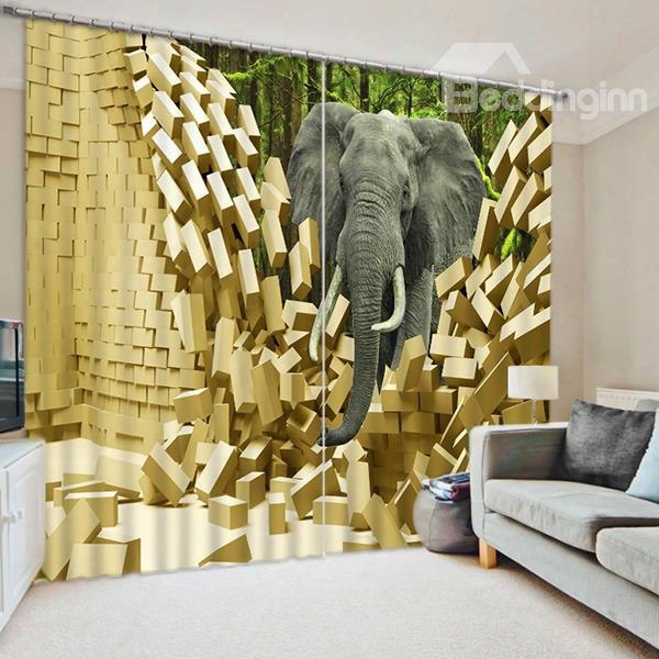 3d Elephant Breaking The Wall Printed 2 Pieces Decorative And Blackout Curtain