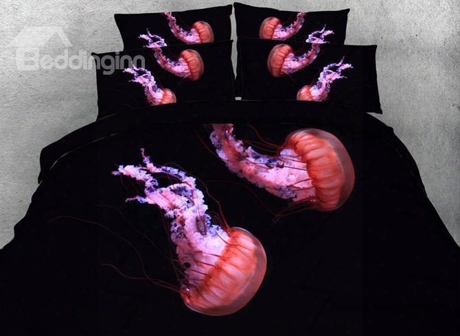 3d Floating Jellyfish Printed Cotton 4-piece Black Bedding Sets/duvet Covers