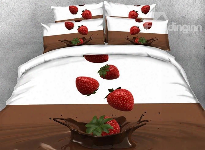 3d Fresh Strawberries With Water Splash Cotton 4-piece Bedding Sets/duvet Covers