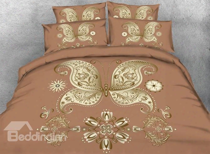 3d Golden Butterfly Printed 4-piece Apricot Bedding Sets/duvet Covers