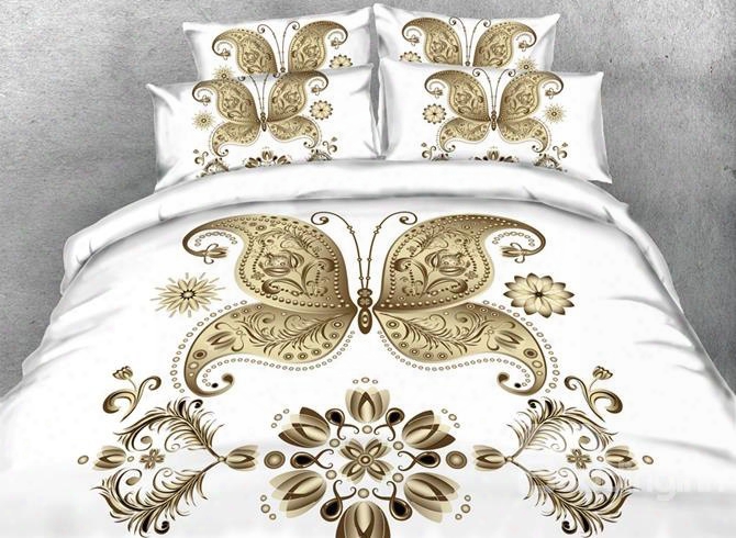 3d Golden Butterfly Printed 4-piece White Bedding Sets/duvet Covers