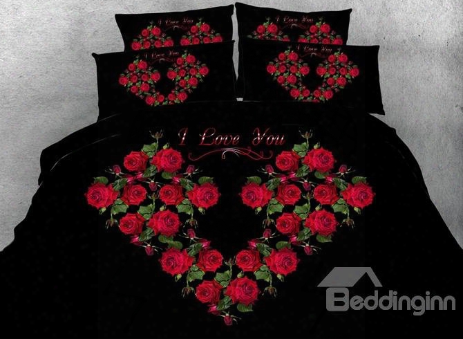 3d Heart-shaped Red Roses Printed Cotton 4-pece Black Bedding Sets