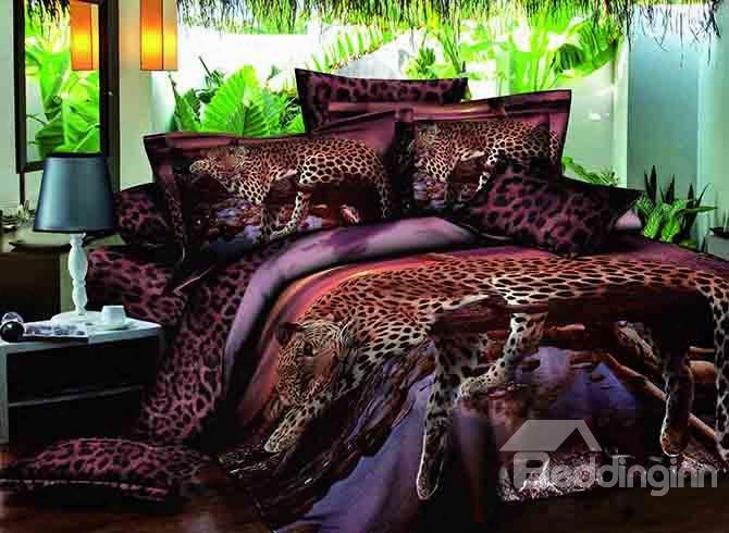 3d Leopard On The Tree Printed Cotton 4-piece Bedding Sets/duvet Covers