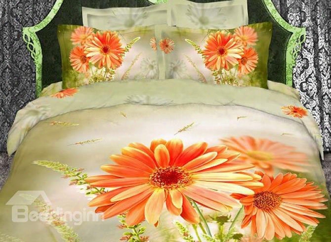 3d Orange Daisies Printed Cotton 4-piece Bedding Sets/duvet Cover