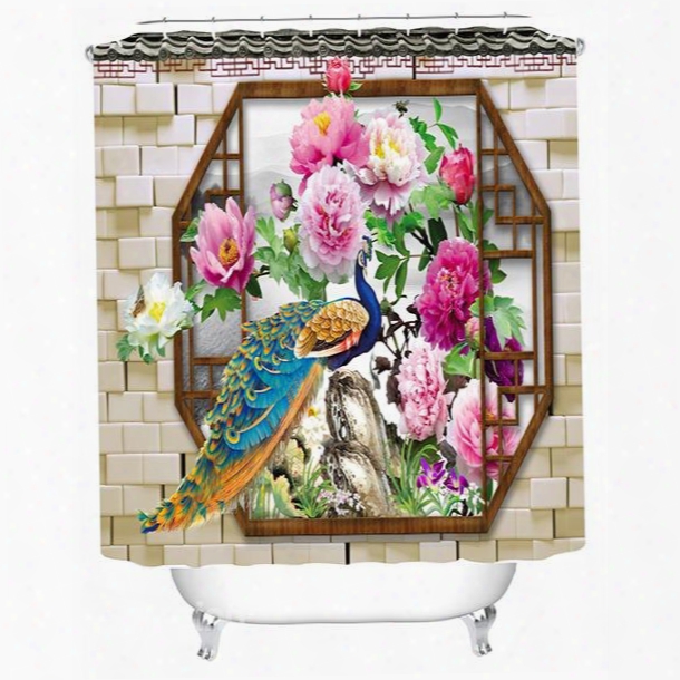 3d Peacock And Peony Printed Chinese Style Polyester Shower Curtain