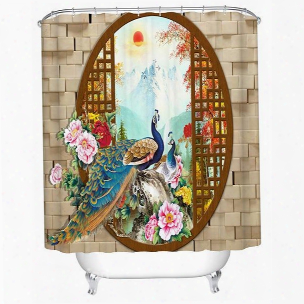 3d Peacock In Painting Printed Chinese Style Polyester Shower Curtain