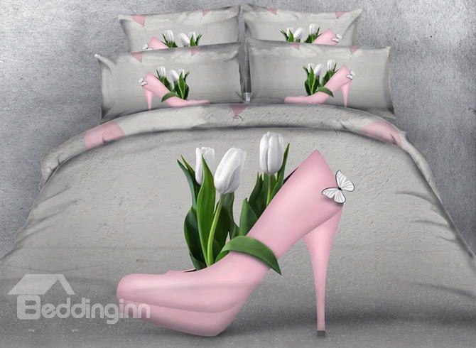 3d Pink High Heel Shoe With White Tulips Inside Printed 4-piece Bedding Sets