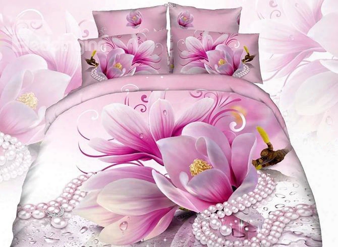 3d Pink Magnolia And Necklace Printed Cotton 4-piece Bedding Sets/duvet Cover