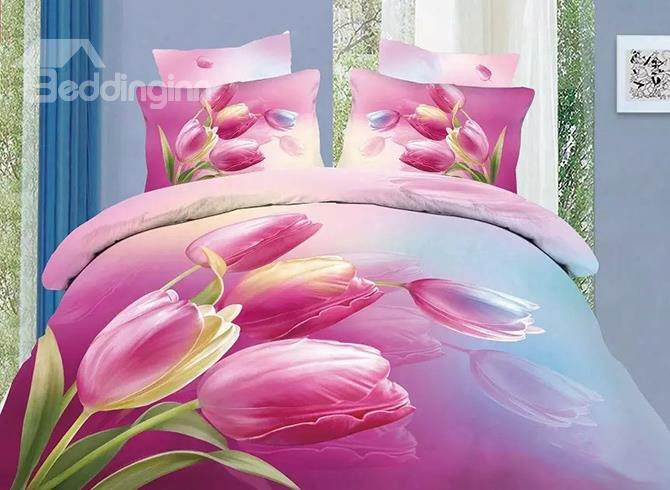 3d Pink Tulips Printed Cotton 4-piece Bedding Sets/duvet Cover