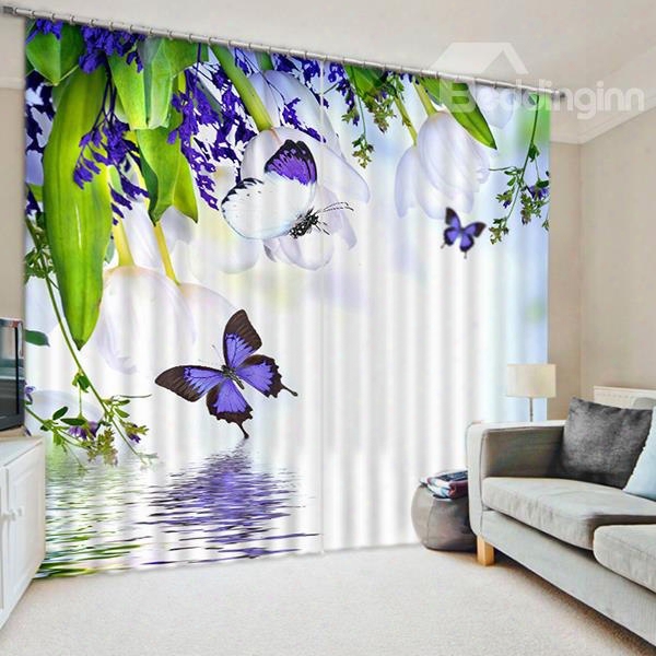 3d Purple Butterflies And Flowers Printed Pastoral Decoration Custom Curtain