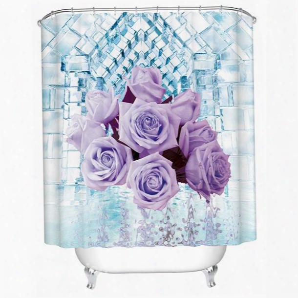 3d Purple Roses Printed Polyester Light Blue Shower Curtain