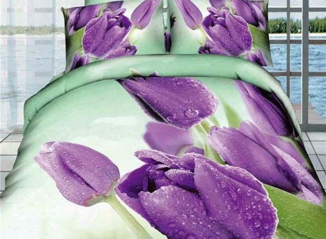 3d Purple Tulips Printed Cotton Full Size 4-piece Bedding Sets/duvet Covers