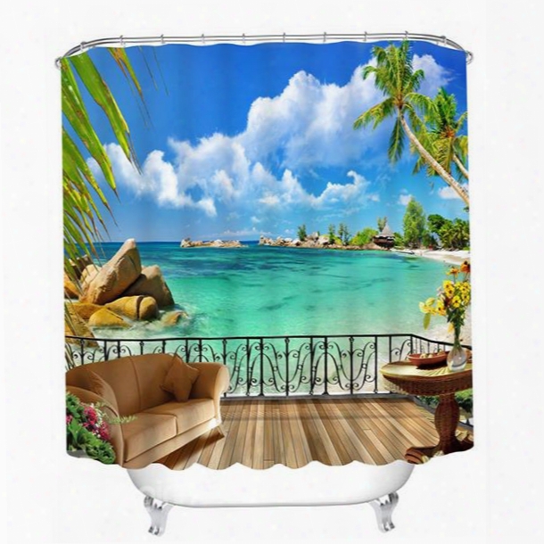 3d Seashore Balcony Printed Polyester Light Blue Shower Curtain